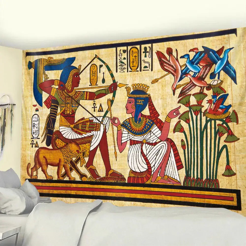 Egyptian psychedelic murals tapestry featuring vibrant red blue gold hues with intricate hieroglyphics on beige background