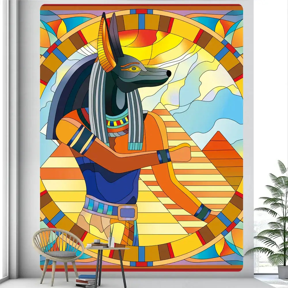Vibrant egyptian psychedelic murals tapestry featuring anubis with black canine head and colorful geometric patterns