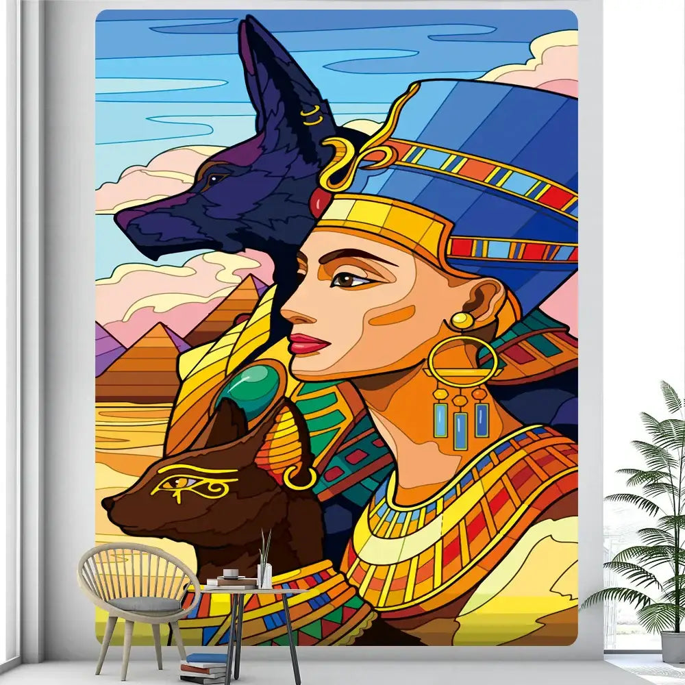 Vibrant egyptian psychedelic murals tapestry in green featuring a regal woman with anubis figures and pyramids for bedroom decor