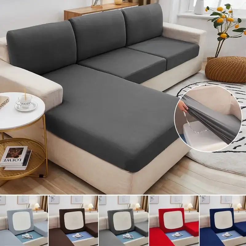 Elastic gray stretch sofa seat cushion cover made of stretchy fabric fits snugly on sectional couches with multiple color options