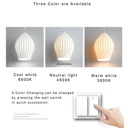 Elegance ribbed ceramic pendant lights in white with sleek finish available in cool white, neutral light, and warm white options
