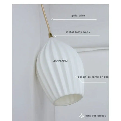 Elegance ribbed ceramic pendant light with white ribbed ceramic shade and gold wire metal body for dining room use