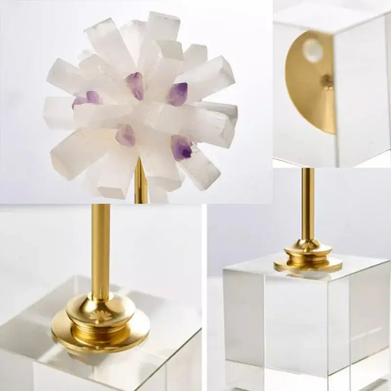 A modern table lamp with a clear acrylic base and elegant amethyst crystal flower glass decor for living room decorbites