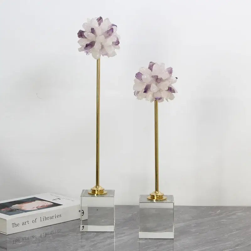Two elegant amethyst crystal flower glass sculptures on gold stems with clear acrylic bases for living room decorbites decor