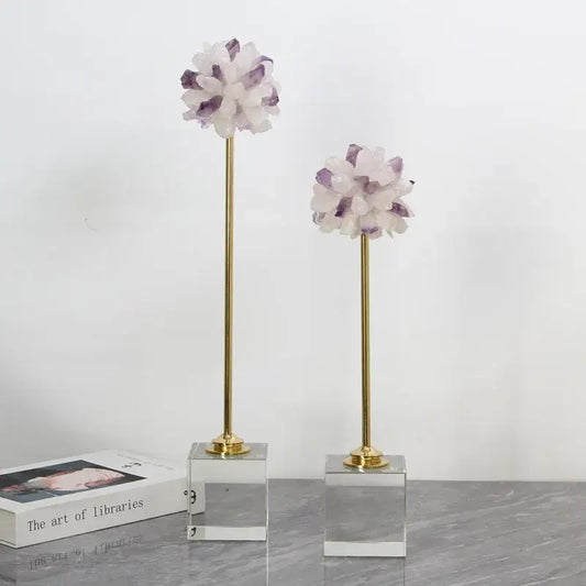 Two elegant amethyst crystal flower glass sculptures on gold stems with clear acrylic bases for living room decorbites decor
