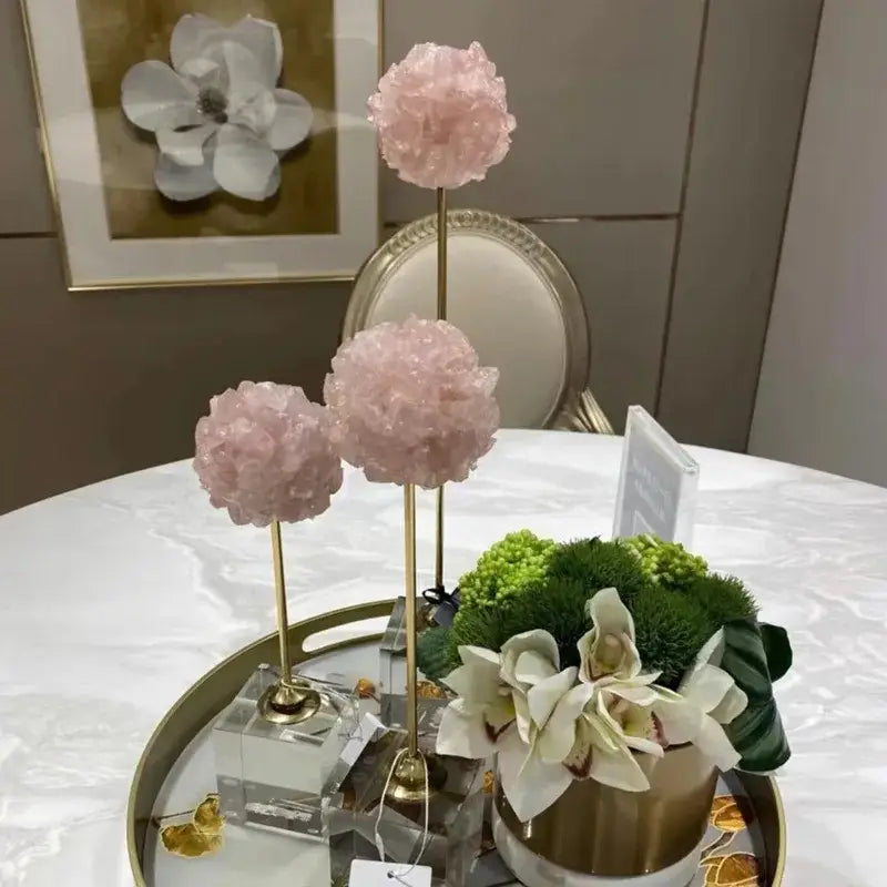 Elegant amethyst crystal flower glass sculptures featuring three pink crystal orbs on gold stems for living room decorbites crystal flower decor