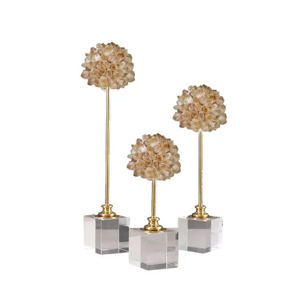 Set of three golden stem decorbites crystal flower glass sculptures with amber faceted blossoms and clear acrylic bases