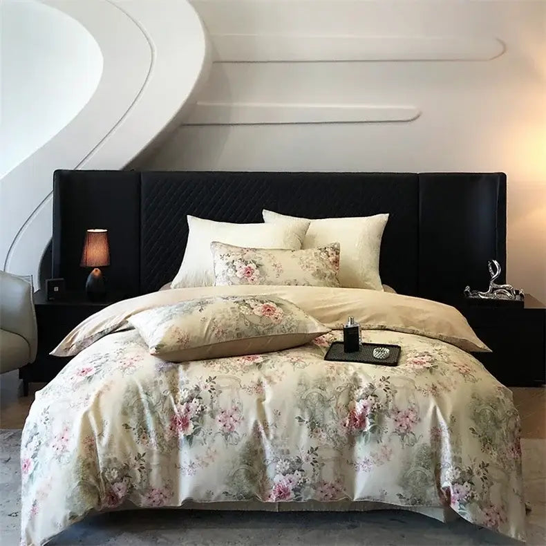 Cream-colored satin bedding set with delicate pink green floral pattern made from colorful Egyptian cotton