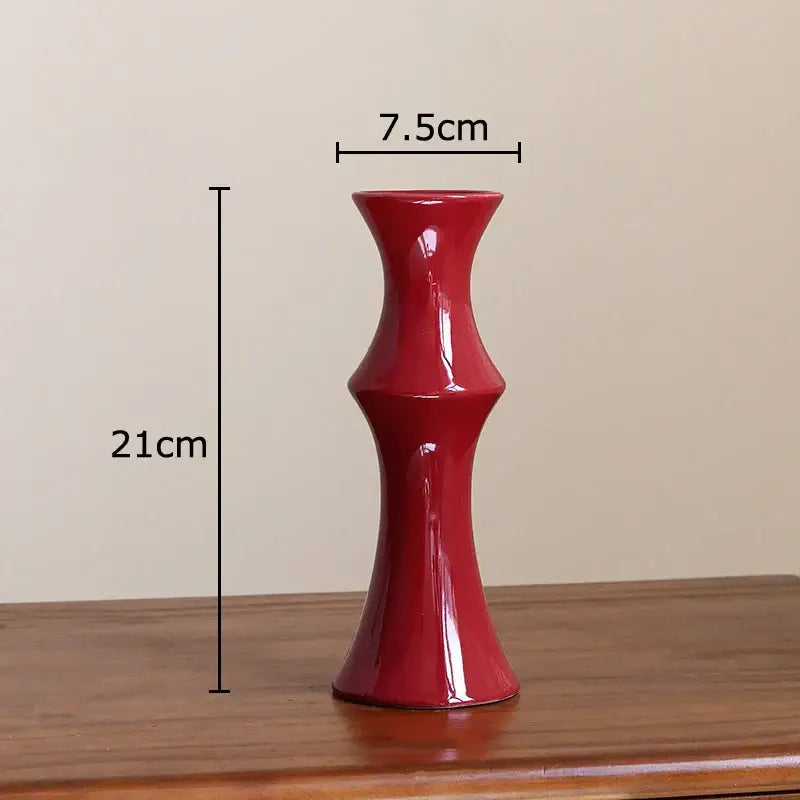 Glossy red bamboo shape ceramic vase with slender fluted design and tapered base for decorbites living room decor