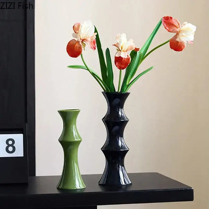 Elegant black bamboo shape ceramic vase with sleek segmented design and glossy finish for living room decorbites bamboo shape decor