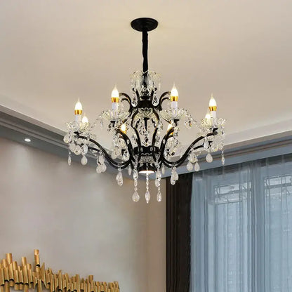 Elegant black wrought iron crystal candle chandelier lighting with clear droplets for dining room decorbites crystal candle