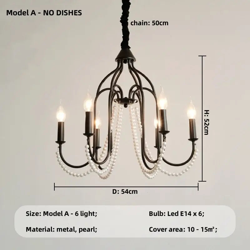 Elegant black crystal chandelier pendant light with dangling white pearl strands and six lit led bulbs for living room