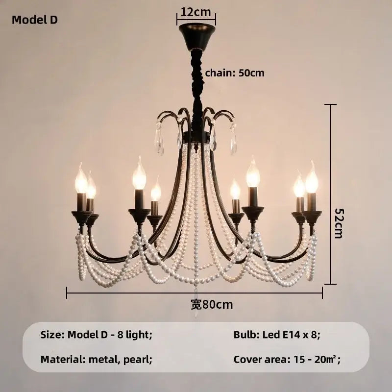 Elegant black crystal chandelier pendant light with dangling white pearl strands and crystal accents for living room