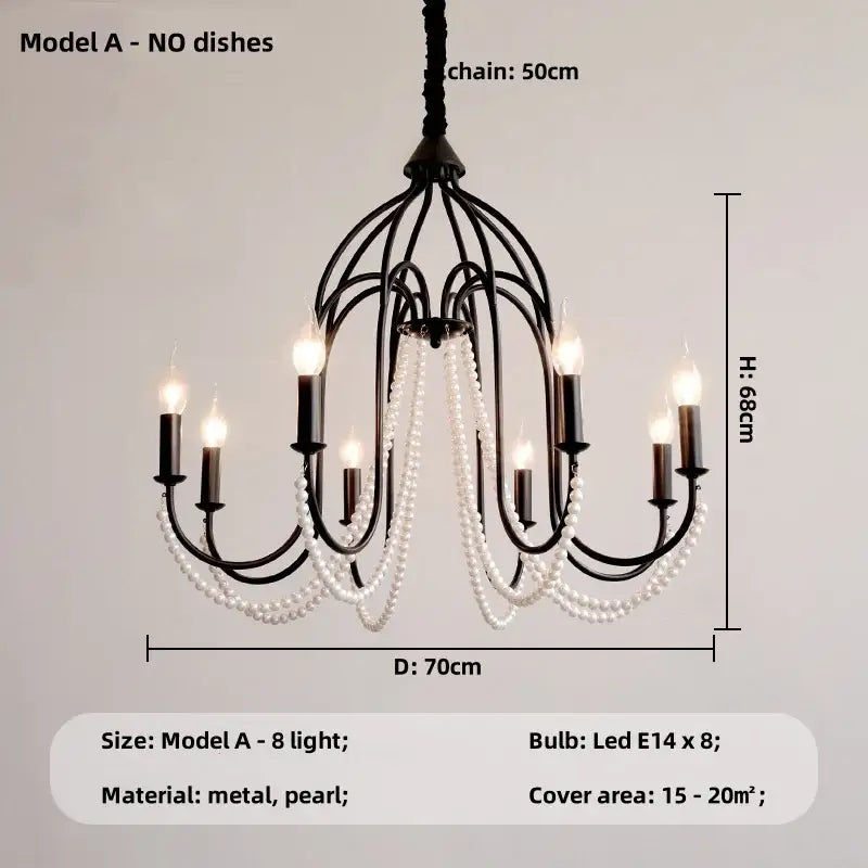 Elegant black crystal black metal chandelier pendant light with white pearl strands and eight led lights for living room