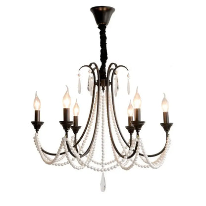 Elegant black crystal chandelier pendant light featuring antique bronze frame with cascading white pearls for living room
