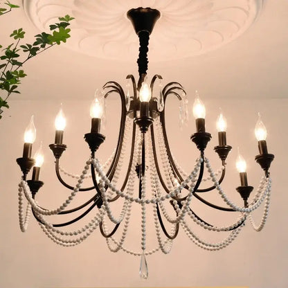 Antique bronze elegant black crystal chandelier pendant light with white pearls and crystal droplets for living room