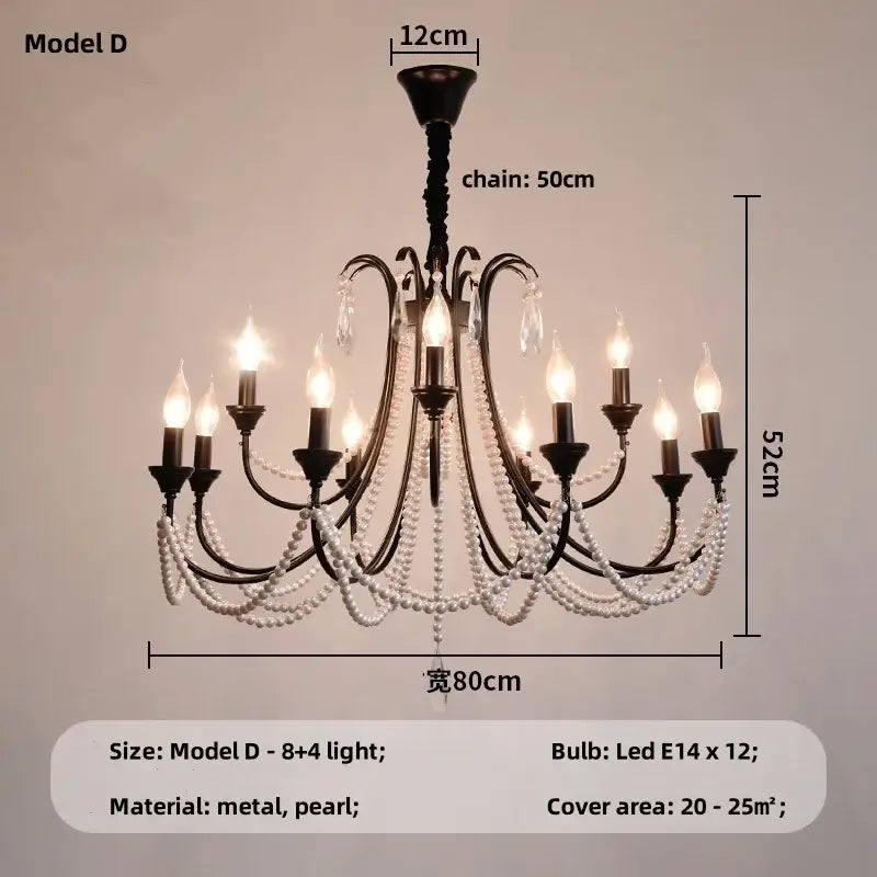 Elegant black crystal chandelier pendant light with white pearls and crystal droplets featuring 8 plus 4 LED lights for living room