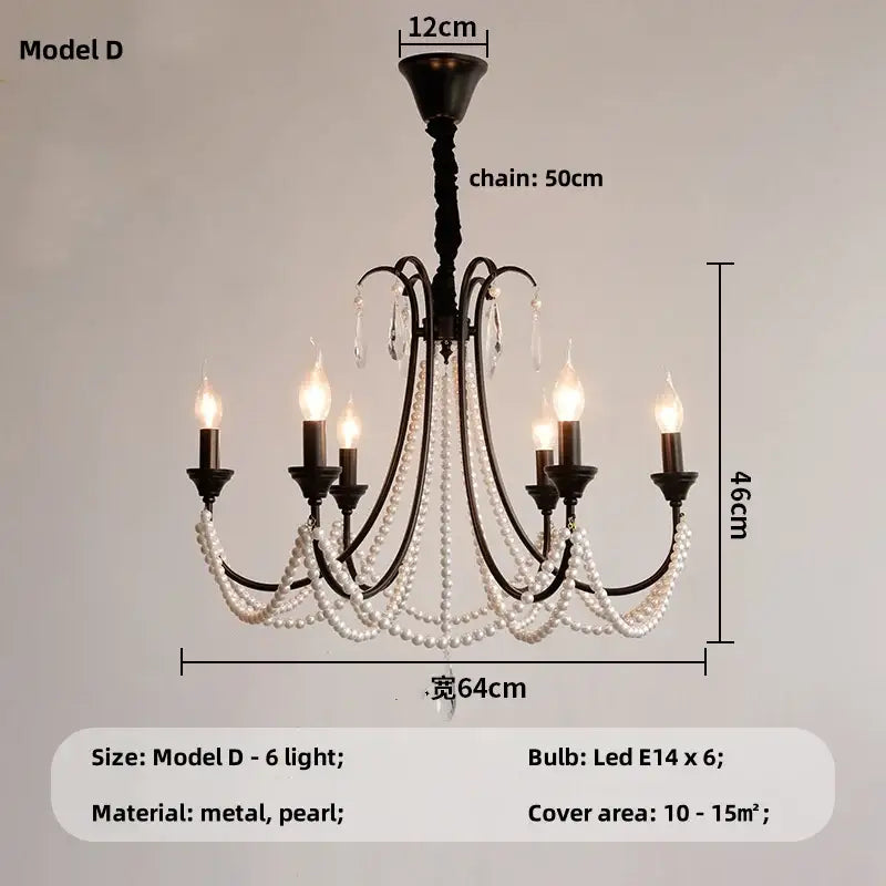 Elegant black crystal chandelier pendant light with six candle-style led bulbs and cascading white pearl strands for living room