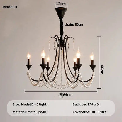 Elegant black crystal chandelier pendant light with six candle-style led bulbs and cascading white pearl strands for living room