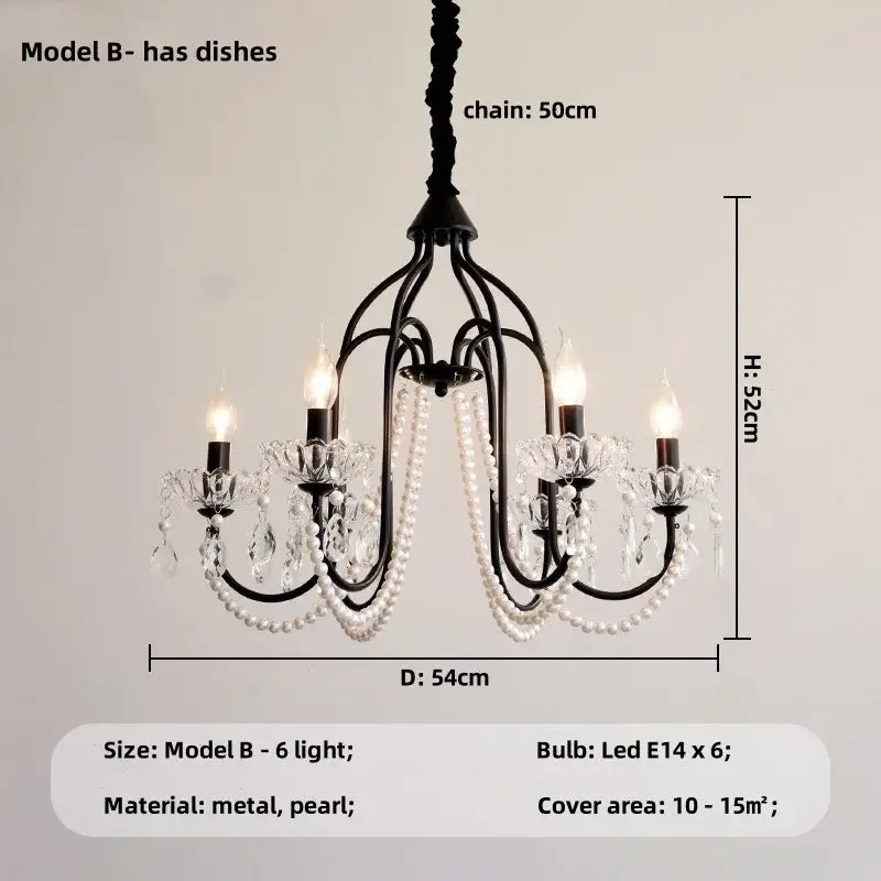 Elegant black crystal chandelier pendant light with pearl strands and crystal accents for living room