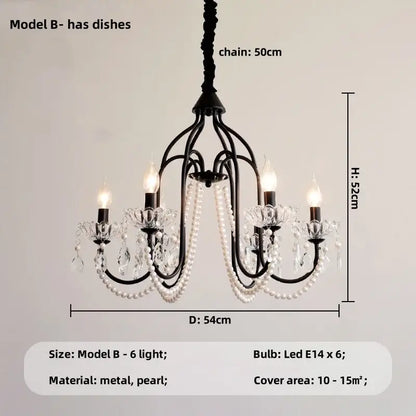 Elegant black crystal chandelier pendant light with pearl strands and crystal accents for living room
