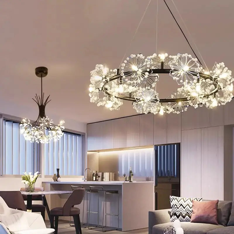 Elegant black dandelion flower chandelier led living room light with a circular black metal frame and clear crystal clusters