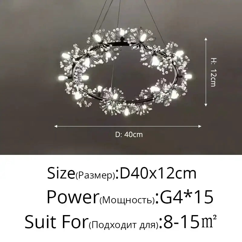 Elegant black dandelion flower chandelier led living room light with black metal frame decorated with crystal flowers from decorbites