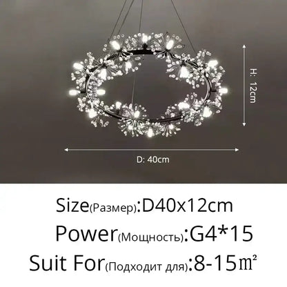 Elegant black dandelion flower chandelier led living room light with black metal frame decorated with crystal flowers from decorbites