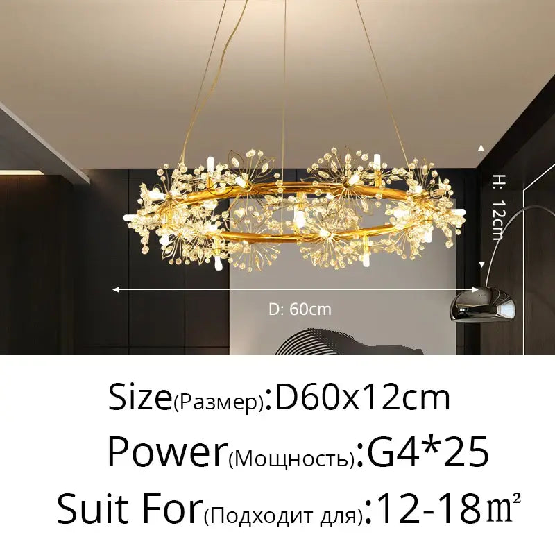 Elegant black dandelion flower chandelier led with gold-toned circular frame and intricate crystal decorbites dandelion flower