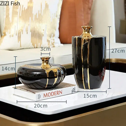 Elegant black gold ceramic vases with sleek modern designs and glossy finishes for living room luxury decor