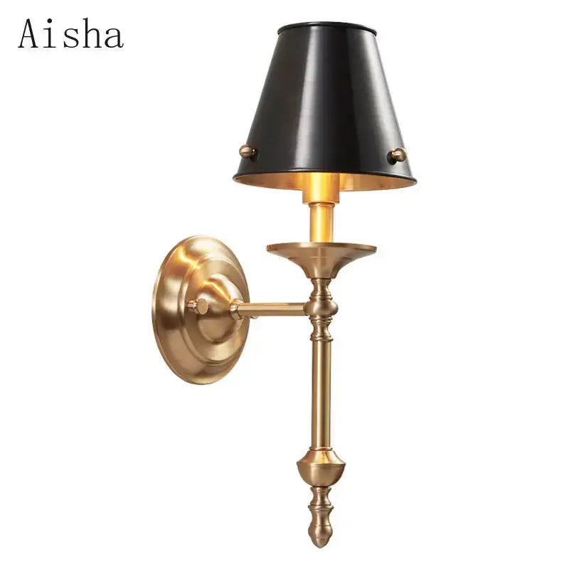 Aisha brand black gold wall lamp with black matte lampshade and brass metal frame for elegant bedroom decorbites black gold