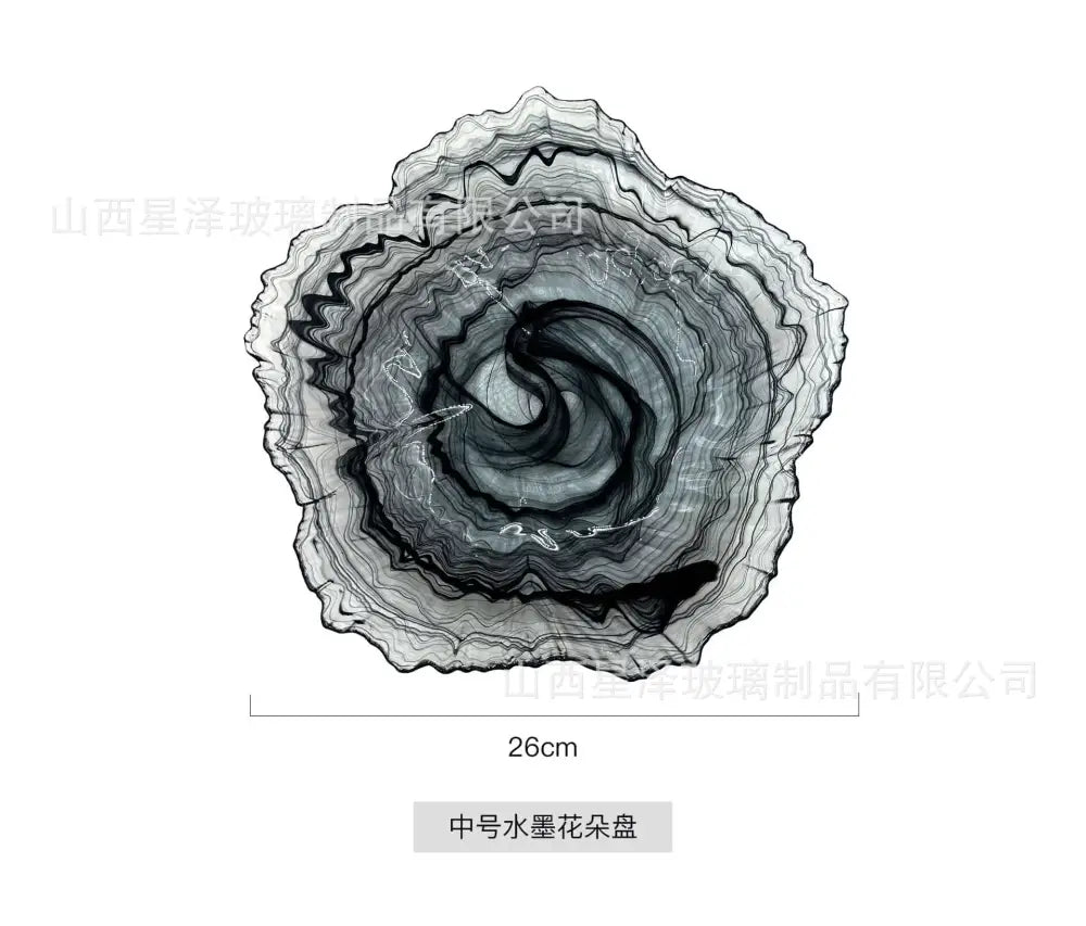 Elegant black and gray agate glass plate with swirling ink pattern and wavy edges by decorbites elegant flower glass
