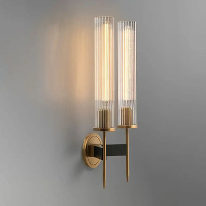 Modern brass wall sconce with two vertical black glass tubes featuring warm led bulbs for living room decorbites copper wall sconce