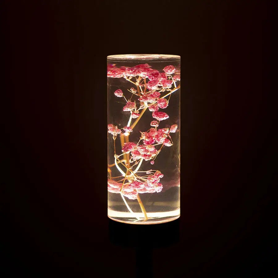 Elegant brass decorbites eternal flower desk lamp with pink baby’s breath in clear eternal flower acrylic resin vessel