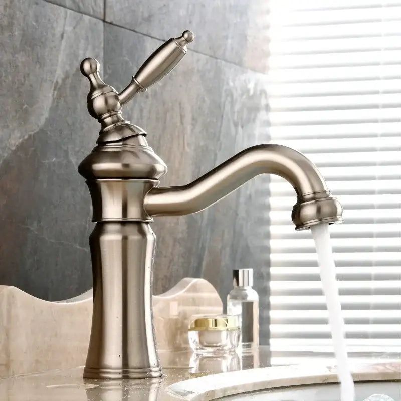 Elegant brushed nickel basin faucet with single handle and curved swivel spout by decorbites brushed nickel