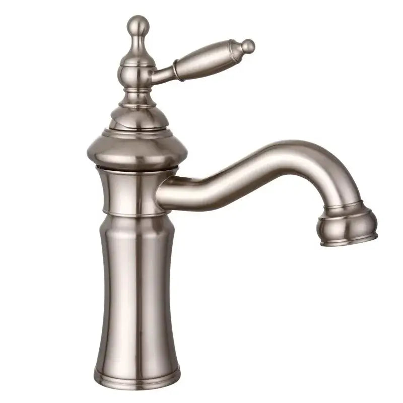 Antique brass-finished basin faucet with single-handle curved spout complements decorbites brushed nickel style