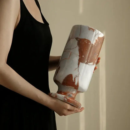 Elegant calacatta red marble vase with swirling white and warm brown patterns for living room decorbites ceramic decor