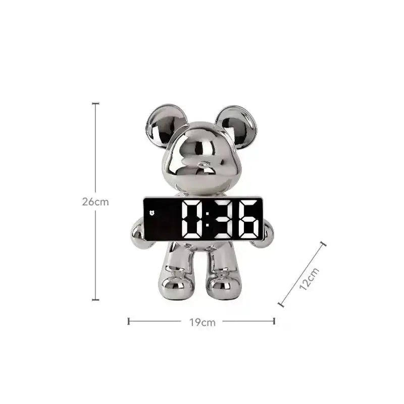 Shiny chrome-plated bear clock ornament with digital black display showing 0 36 for elegant living room decor
