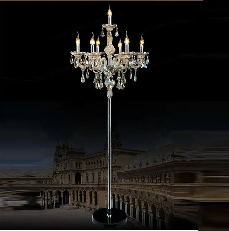 Elegant chrome crystal floor lamp with polished stand and lit candle style bulbs for living room decorbites crystal floor lamp