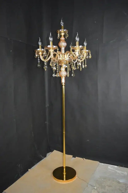 Elegant chrome crystal floor lamp with golden candelabra arms and crystal droplets for living room decorbites crystal floor