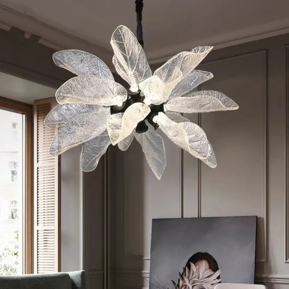Elegant copper chandelier light featuring delicate translucent leaf glass petals and a black metal frame for dining room decorbites elegant copper chandelier