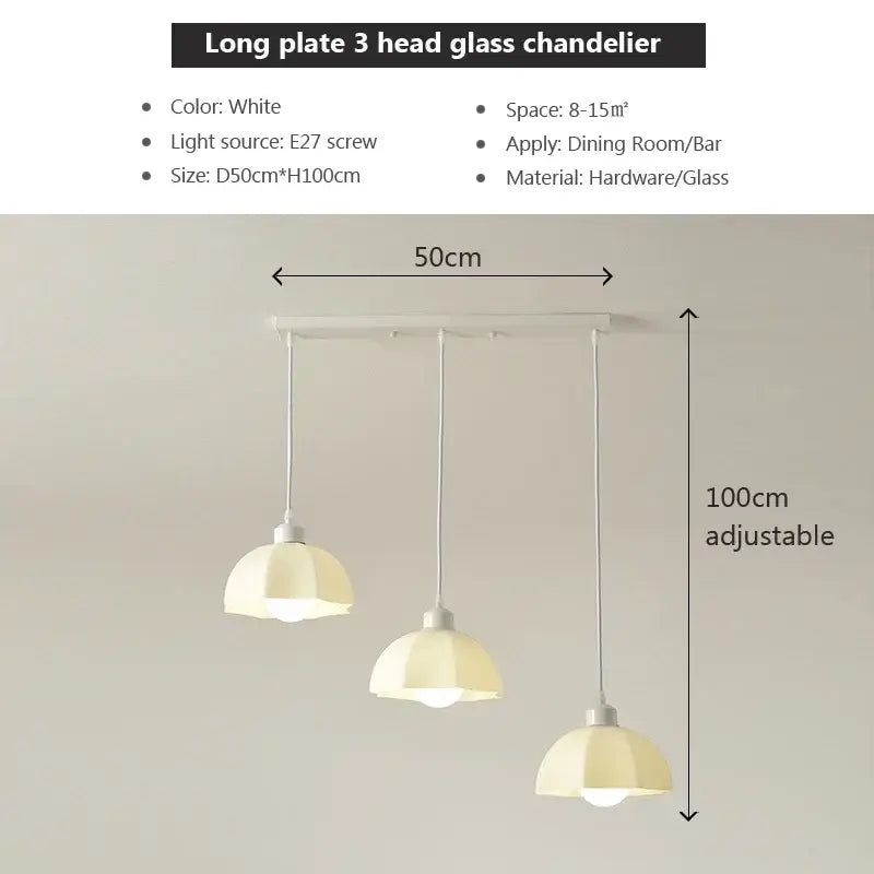 Cream led chandelier with three glass dome heads and adjustable height featuring e27 screw light source for dining room decorbites elegant cream