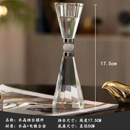 Elegant clear crystal candle holder with silver-plated diamond-encrusted band in candle holder set for dining decor