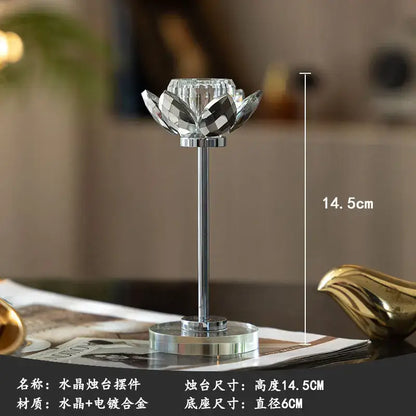 Elegant crystal and gold candle holder set featuring a lotus-shaped crystal holder with chrome stem and base for dining decor