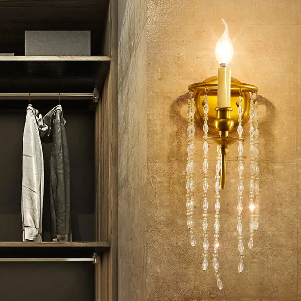 Elegant crystal chain gold wall sconce light fixture with dangling crystal beads for living room lighting