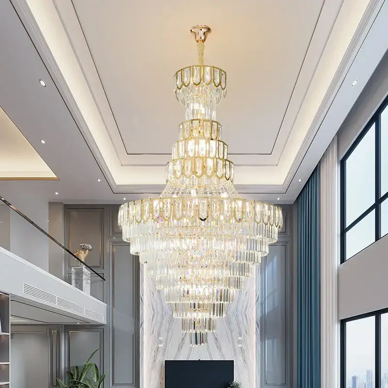 Decorbites elegant crystal chandelier with gold-toned accents and cascading clear crystals for living room decor