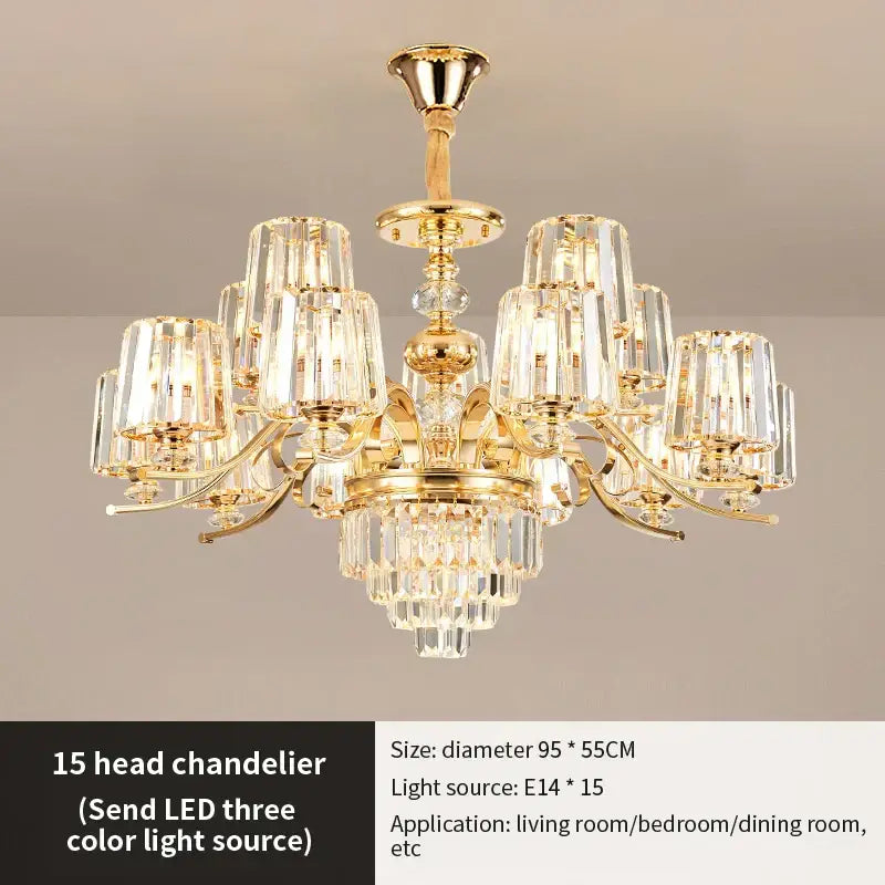 Gold-finished decorbites elegant crystal chandelier with 15 crystal-encased light heads and cascading droplets for living room lighting