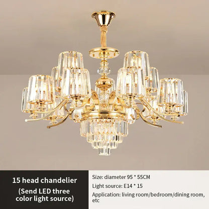 Gold-finished decorbites elegant crystal chandelier with 15 crystal-encased light heads and cascading droplets for living room lighting