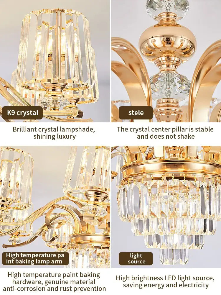 Gold-finished elegant crystal chandelier with clear k9 crystal accents and central pillar for decorbites elegant living room lighting