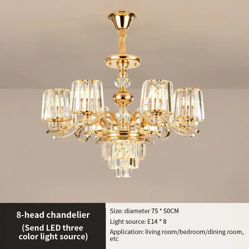 Gold-finished decorbites elegant crystal chandelier with eight crystal-encased lights and cascading droplets for living room lighting